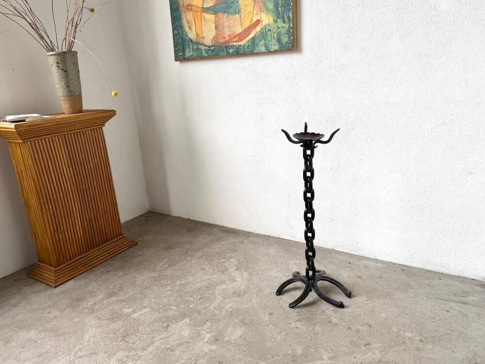 Large wrought iron floor candlestick, folk art, around 1900