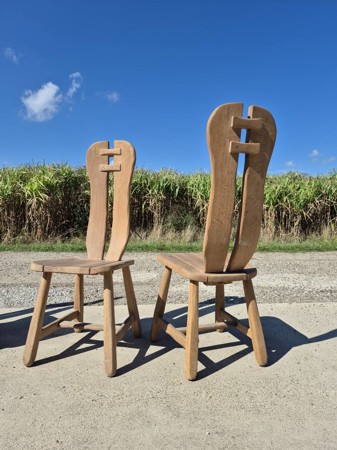 Set 4 vintage brutalist dining chairs De Puydt Belgium solid oak