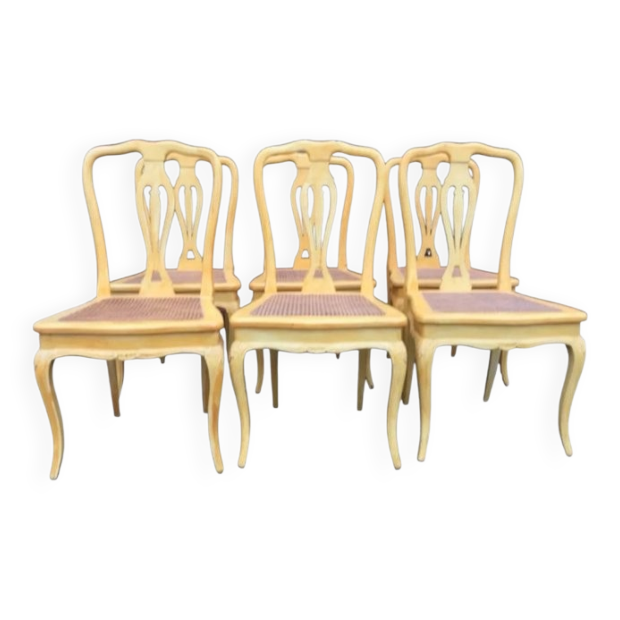 Set of 6 Cane Chairs in Provençal Louis XV Style Pale Yellow Wood