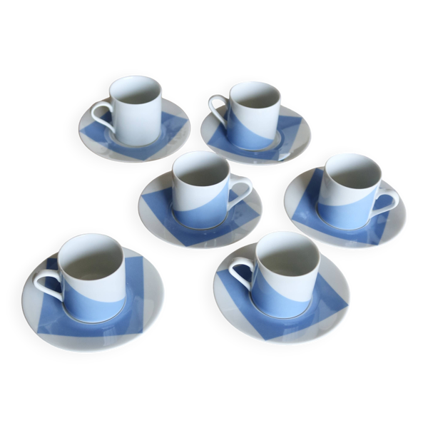 Service à café vintage porcelaine Guy Degrenne décor ''Carré bleu
