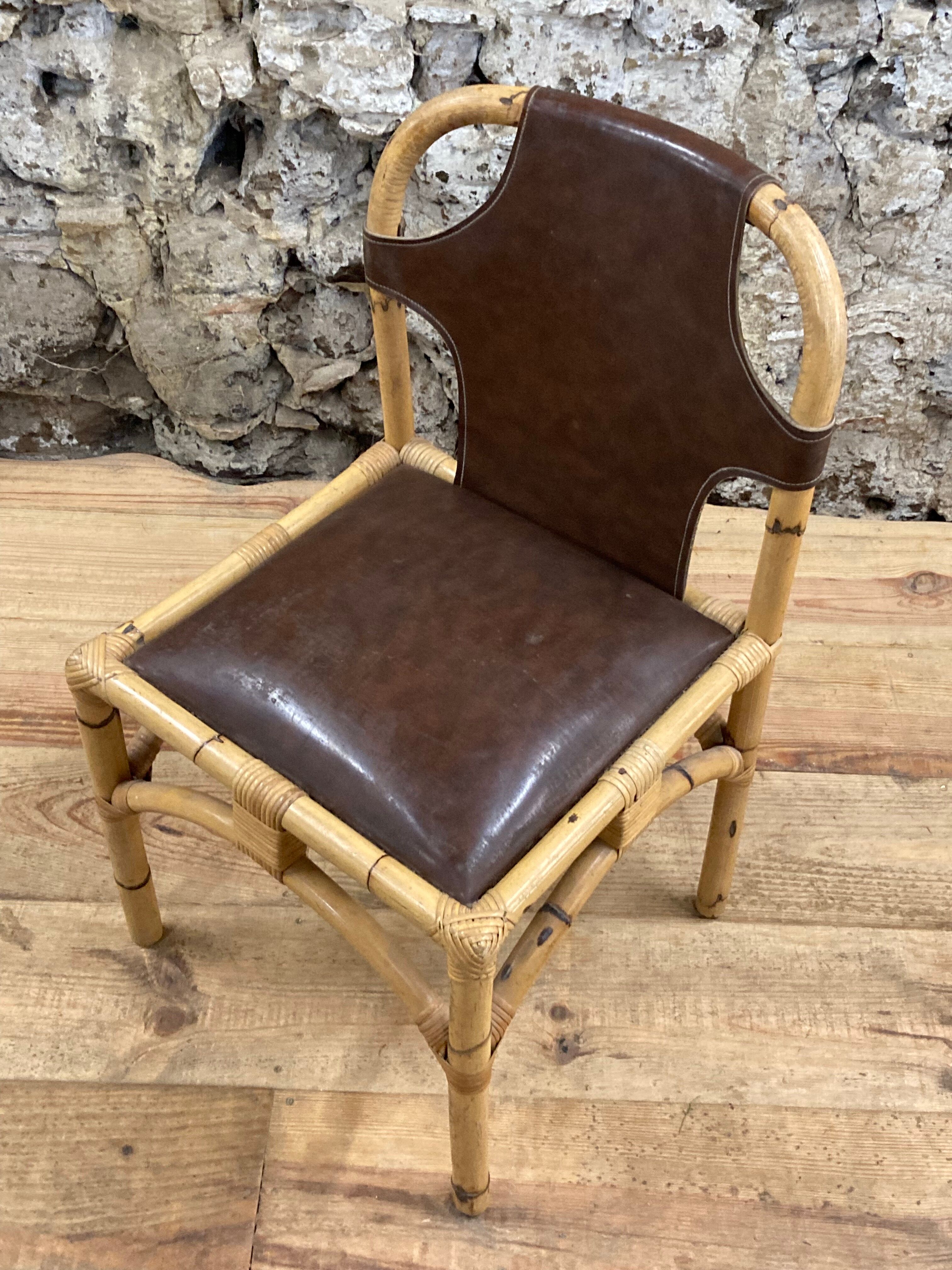 Vintage chair in rattan and bamboo and brown leather