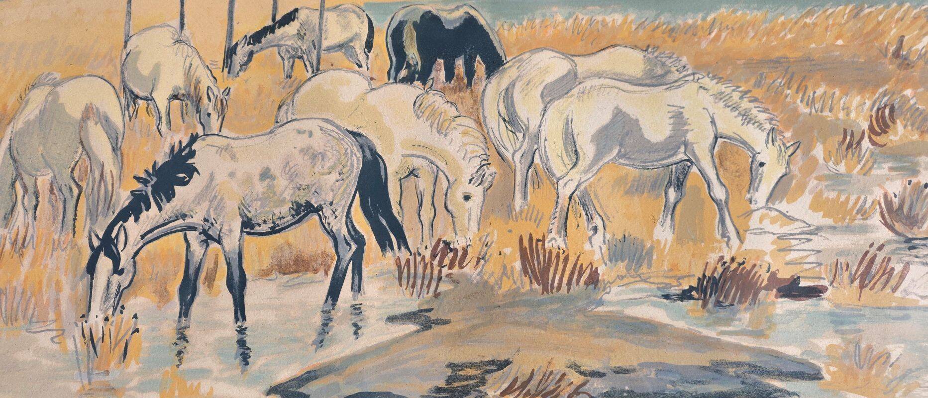 Yves Brayer Lithograph Herd of Horses in Camargue