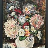Huile sur carton par J.P. Ducas Ducos nature morte aux fleurs XXe