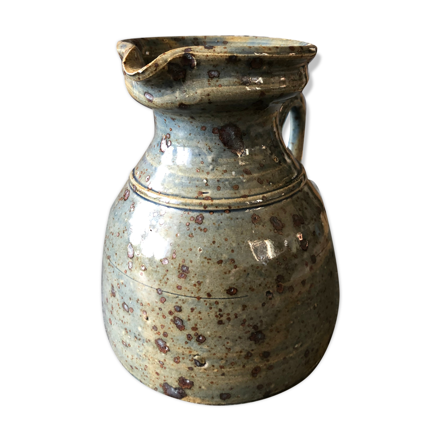 Handmade 70s-original blue enamelled sandstone pitcher