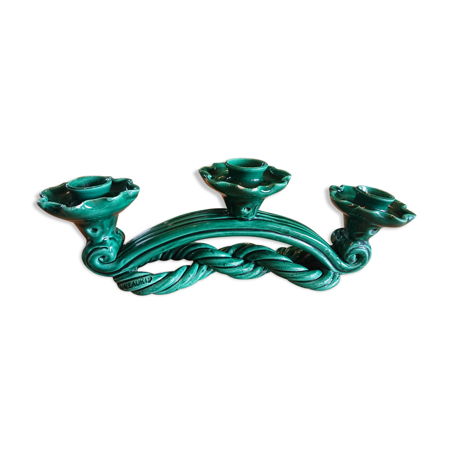 Vallauris 3-light candleholder in green earthenware