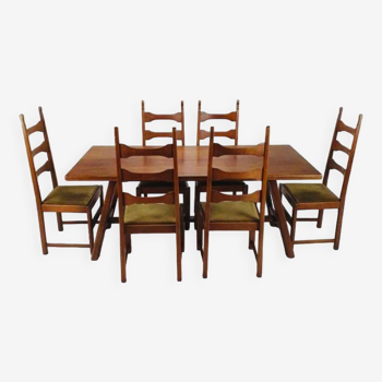 Castle style brutalist dining table + 8 chairs