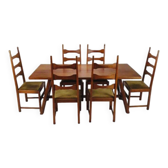 Castle style brutalist dining table + 8 chairs