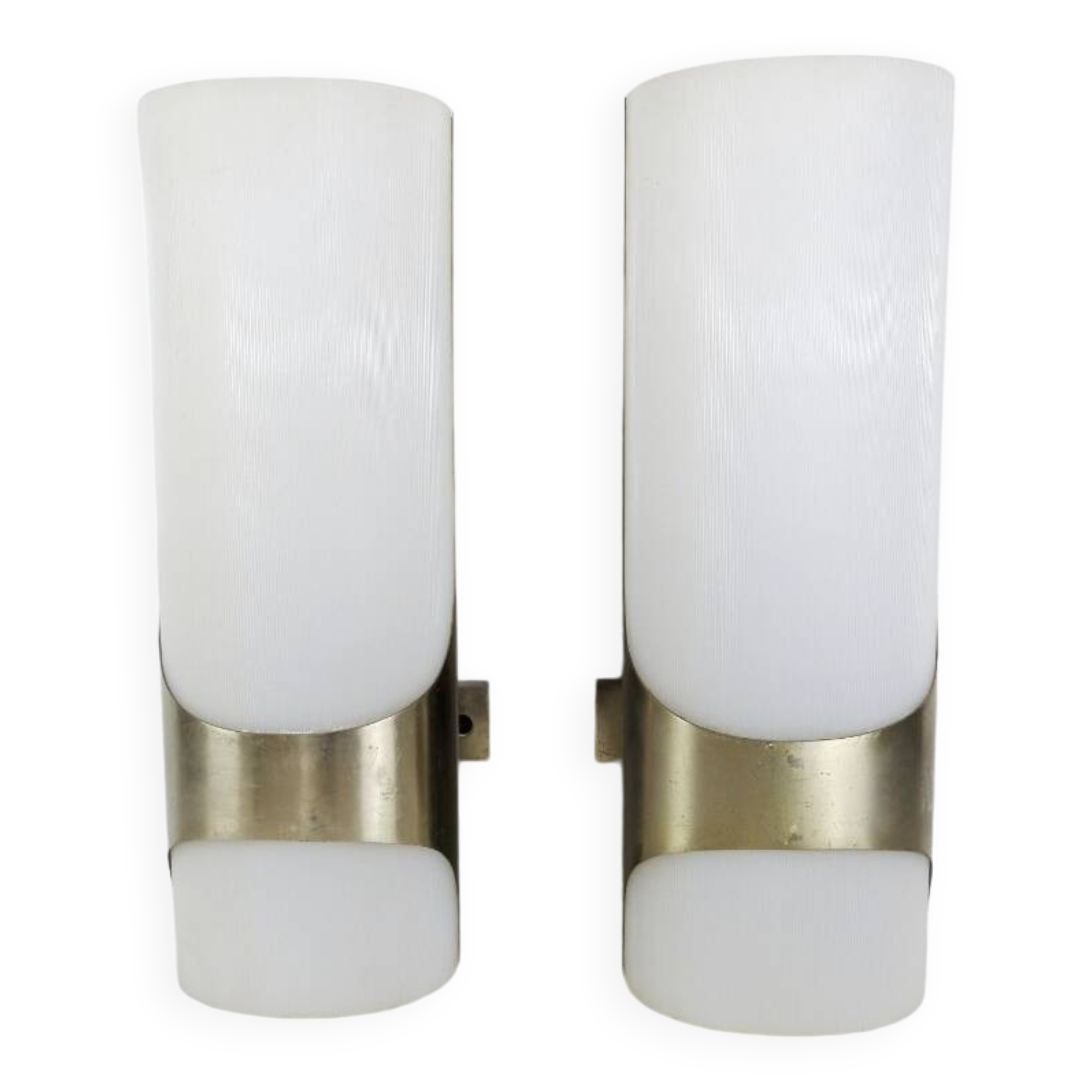 Brushed metal and ribbed opal plastic wall lights