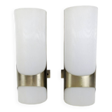 Brushed metal and ribbed opal plastic wall lights