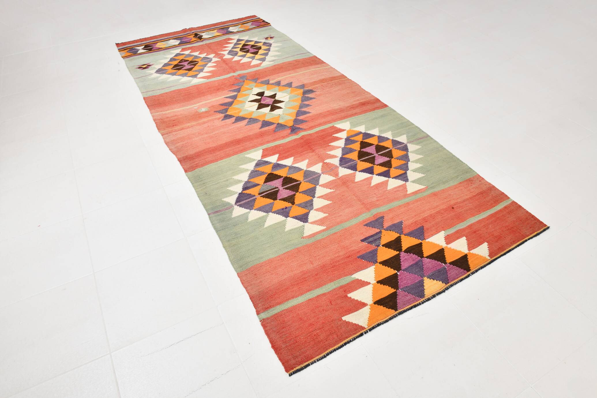 5x11 Kilim Long Wide Faded Samon Kilim Rug, Rare Style Anatolian Flatweave