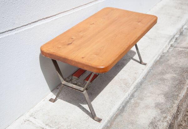 Table basse bois avec structure fer forgé, table d'appoint, bout de canapé, table vintage