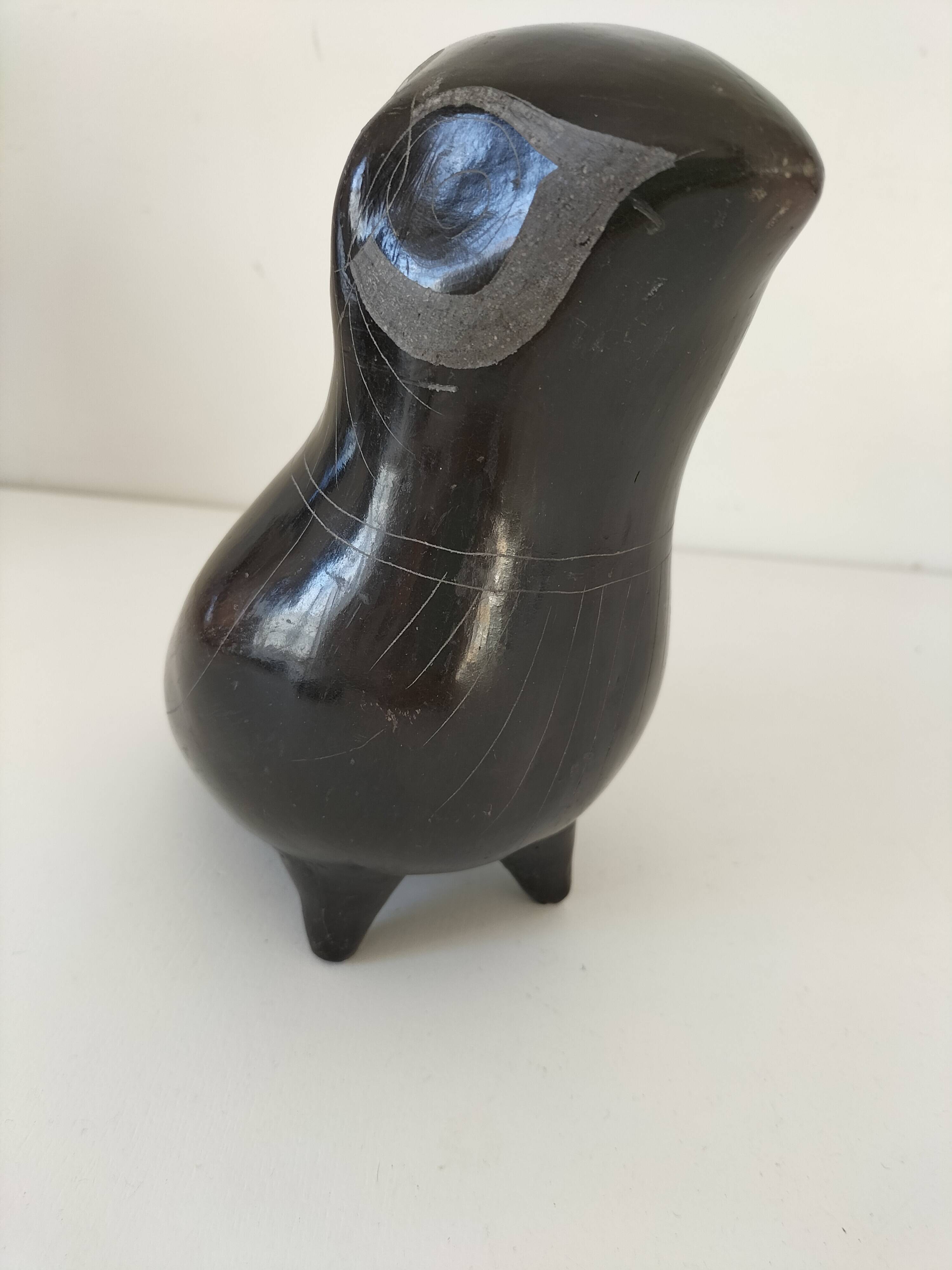Engraved black ceramic owl signed Mexico