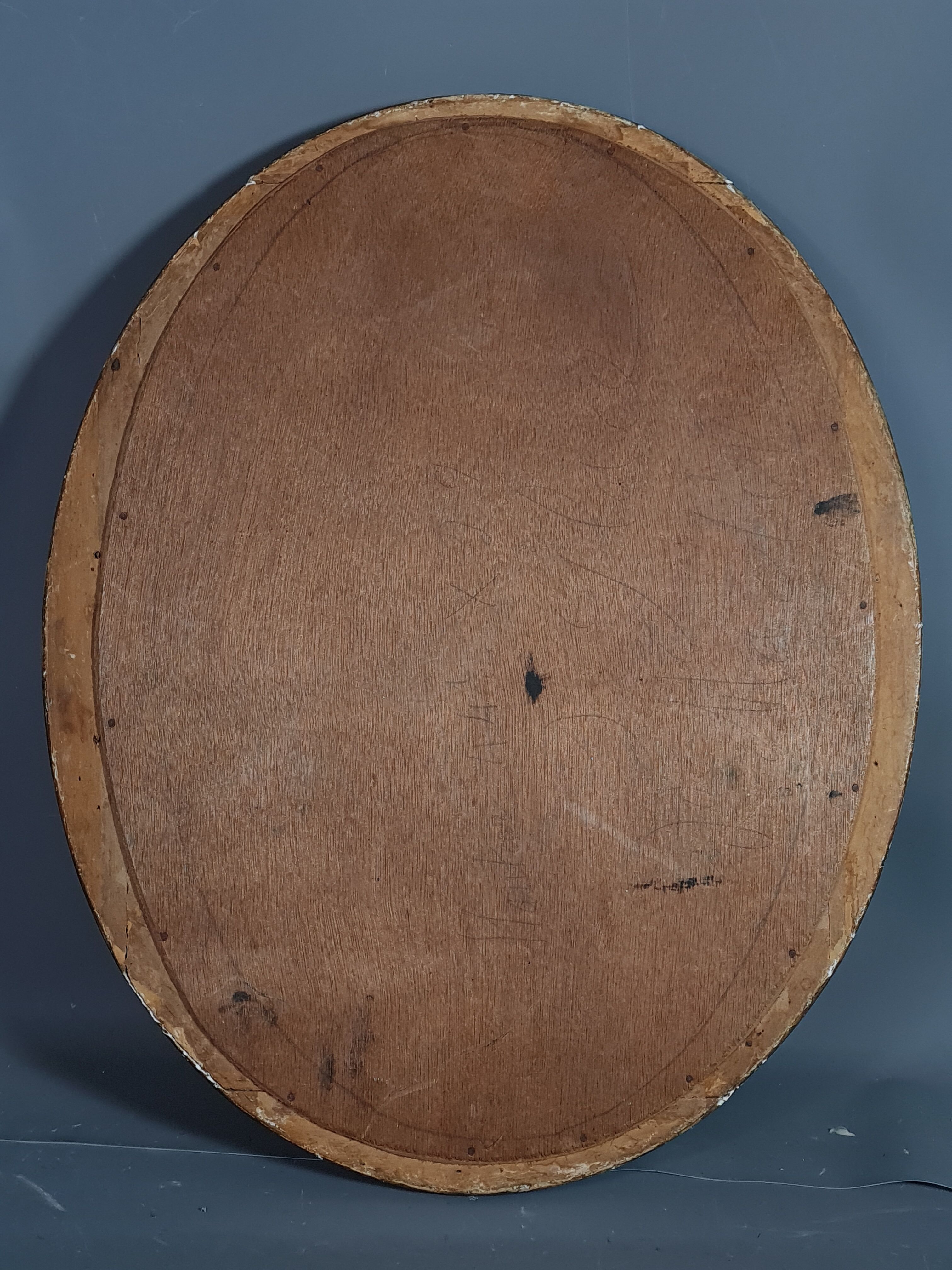 Old oval mirror beveled wooden frame & gilded stucco 50x40 cm 1900