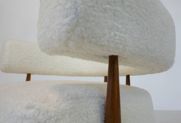 Contemporary Pair of Italian Armchairs, Wood and White Boucle Fabric
