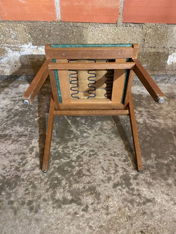 Fauteuil Bridge Ancien Pieds Compas & Skaï Vert Années 1960 Vintage #D