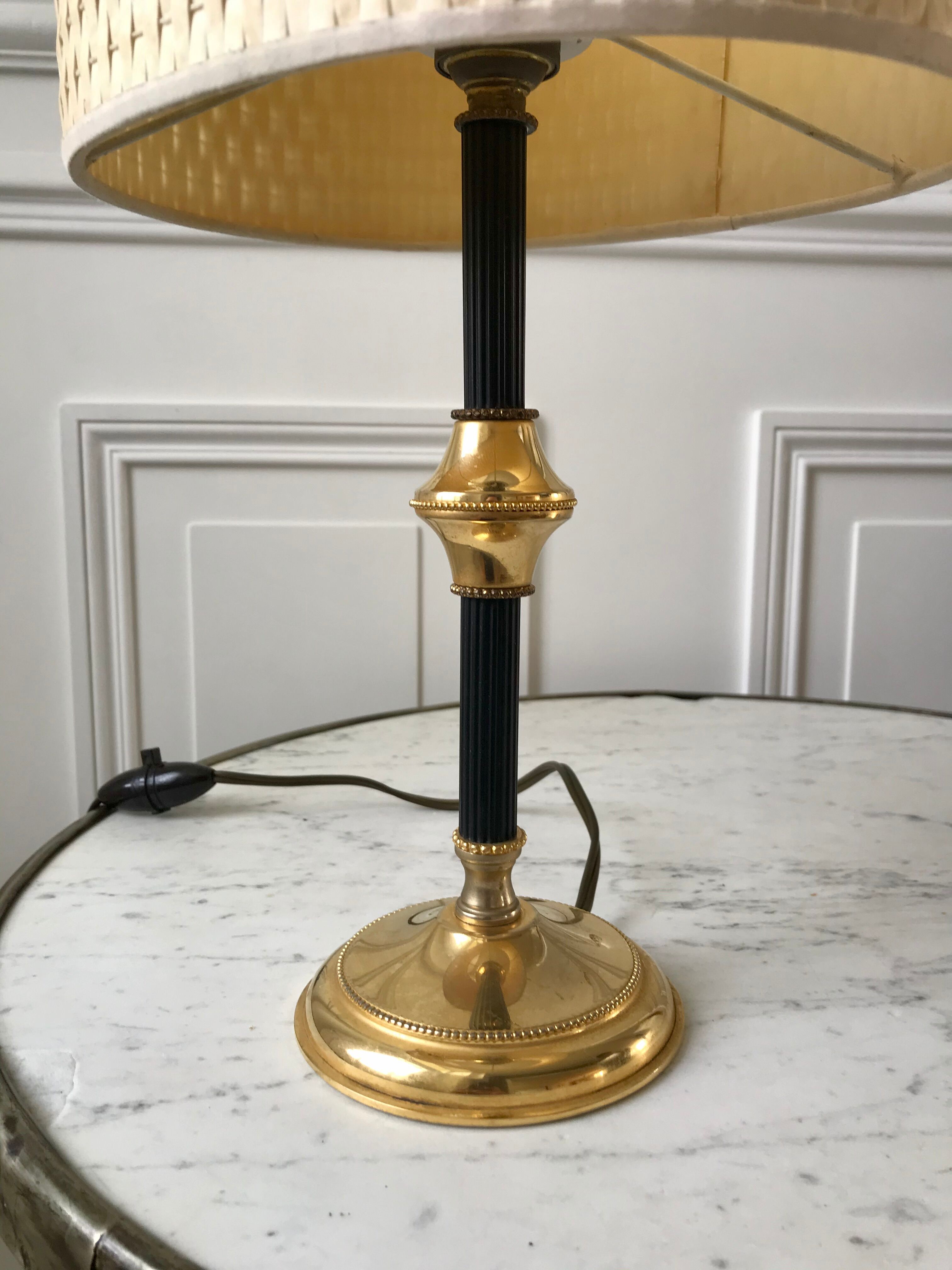 Brass and black metal lamp with woven lampshade woven 50s