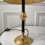 Brass and black metal lamp with woven lampshade woven 50s