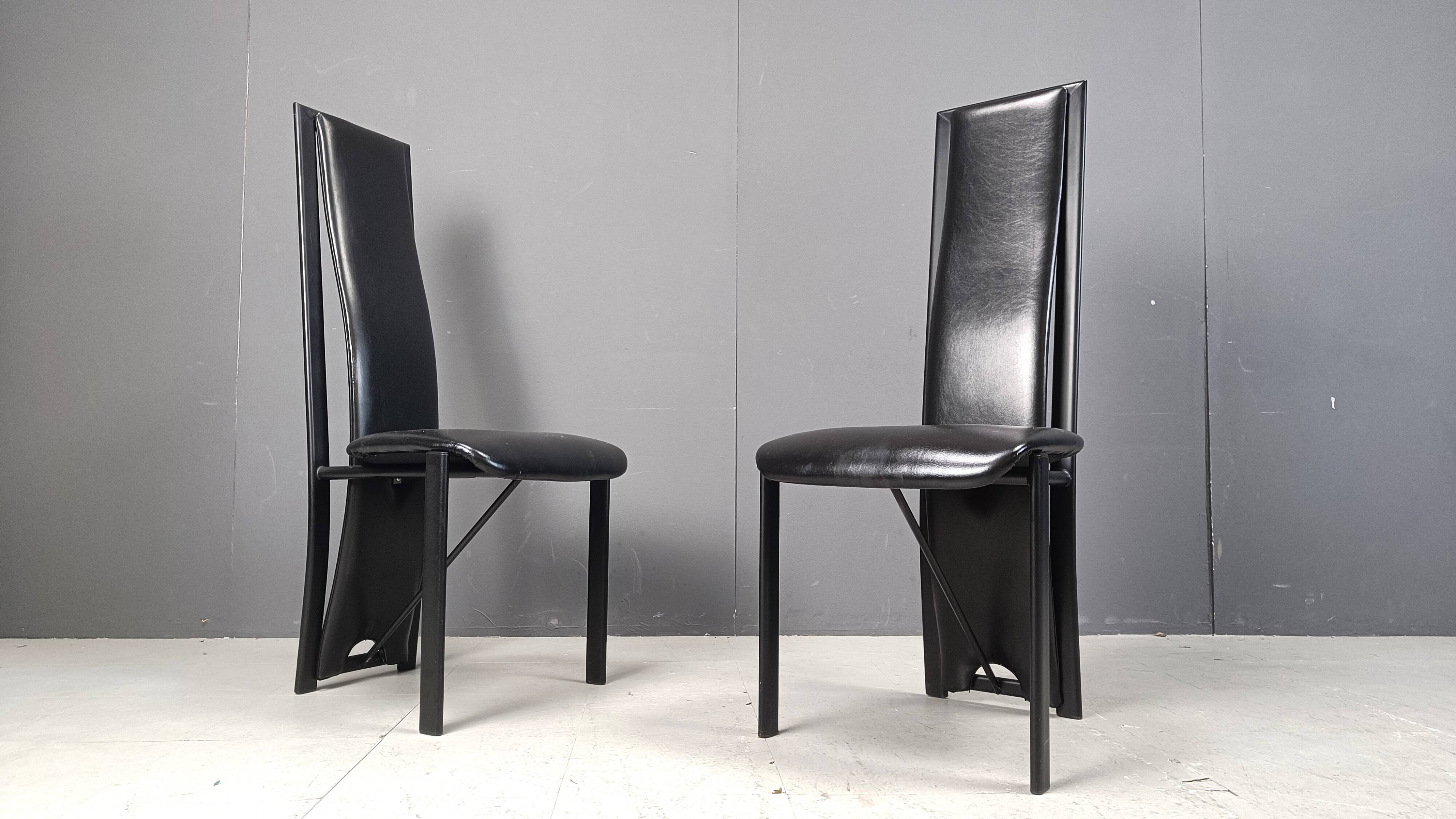 Chaises de salle à manger hautes en cuir noir vintage, lot de 6, années 1980