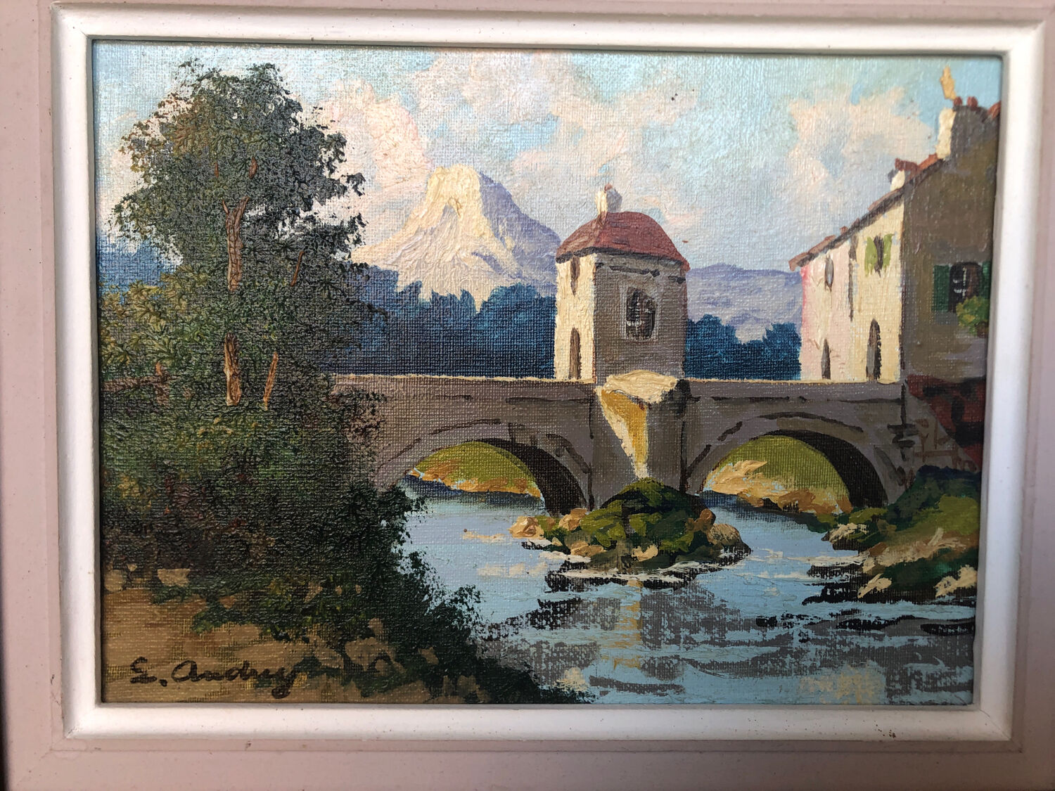 Oil painting on canvas s. audrey riverside + wood frame #a218