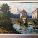 Oil painting on canvas s. audrey riverside + wood frame #a218