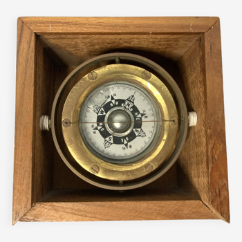 China, old marine compass in 19th century wooden box