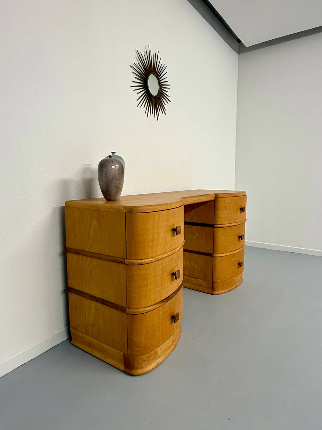 Old beech desk in art deco style with drawer, vintage 60s