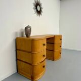 Old beech desk in art deco style with drawer, vintage 60s