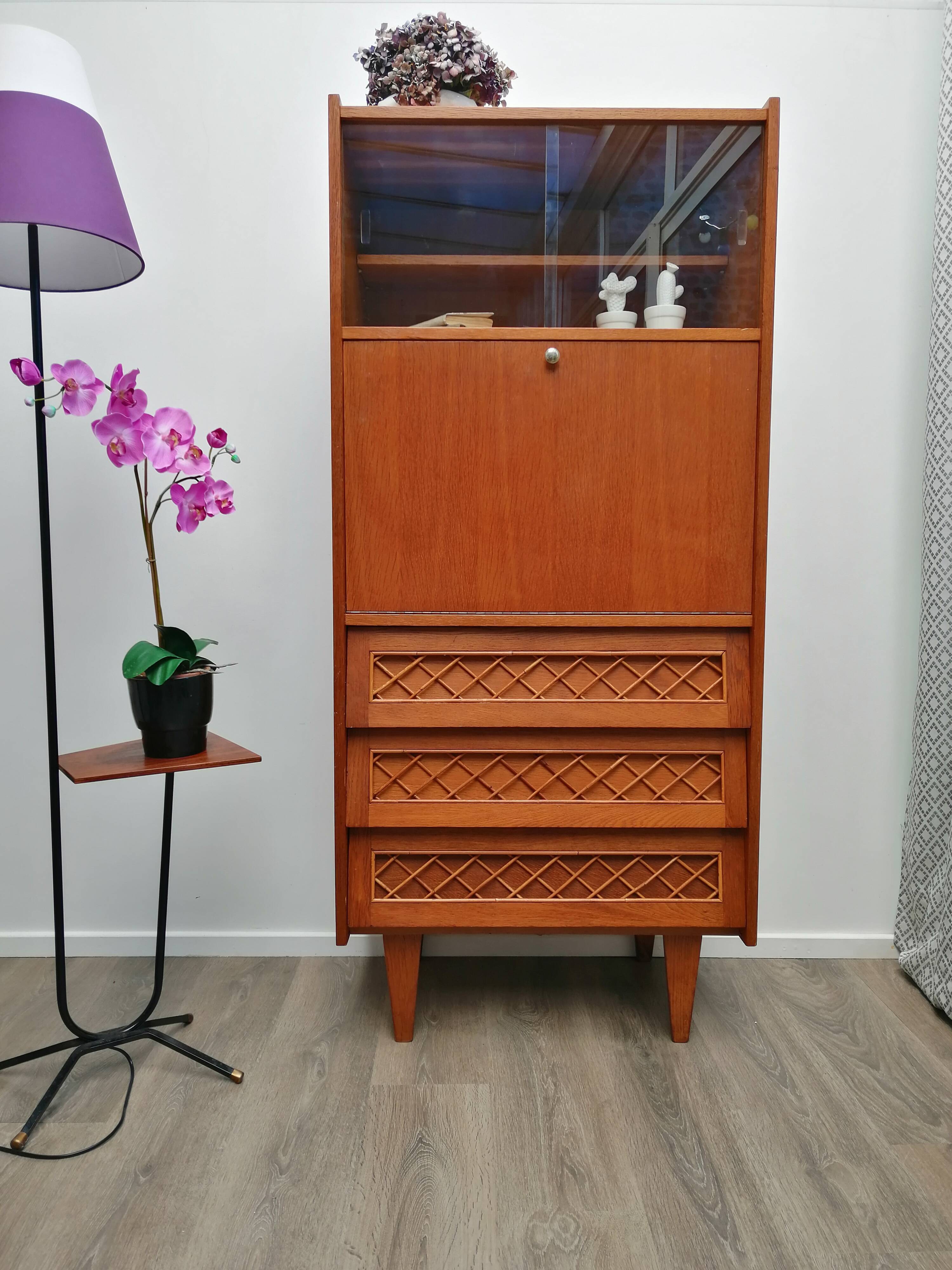 Oak and rattan secretary