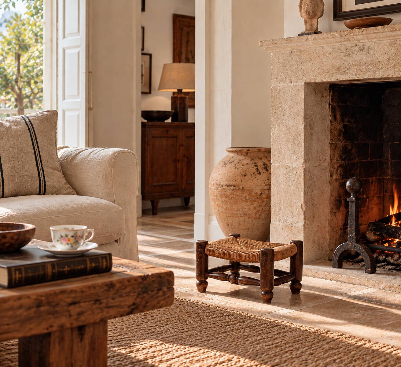 Rustic French Low Footstool in Turned Wood and Rush, Early 20th Century