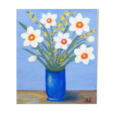 Tableau ancien signé ZJ – Huile sur toile – Bouquet de jonquilles dans un vase