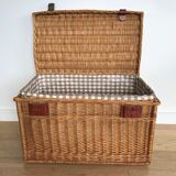 Vintage wicker trunk with burgundy metal closures