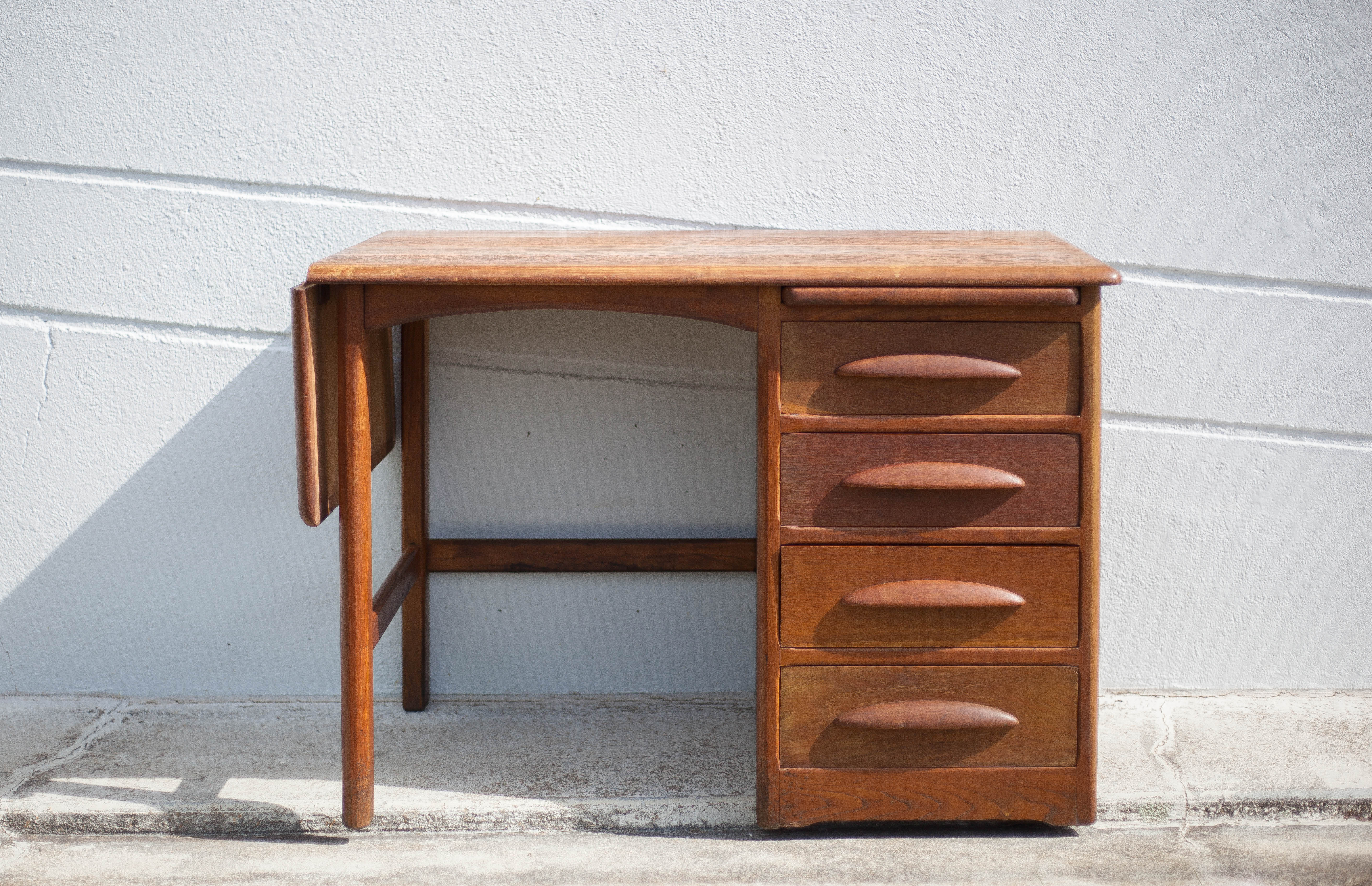 American wood desk, desk with drawers and folding extension, 50s