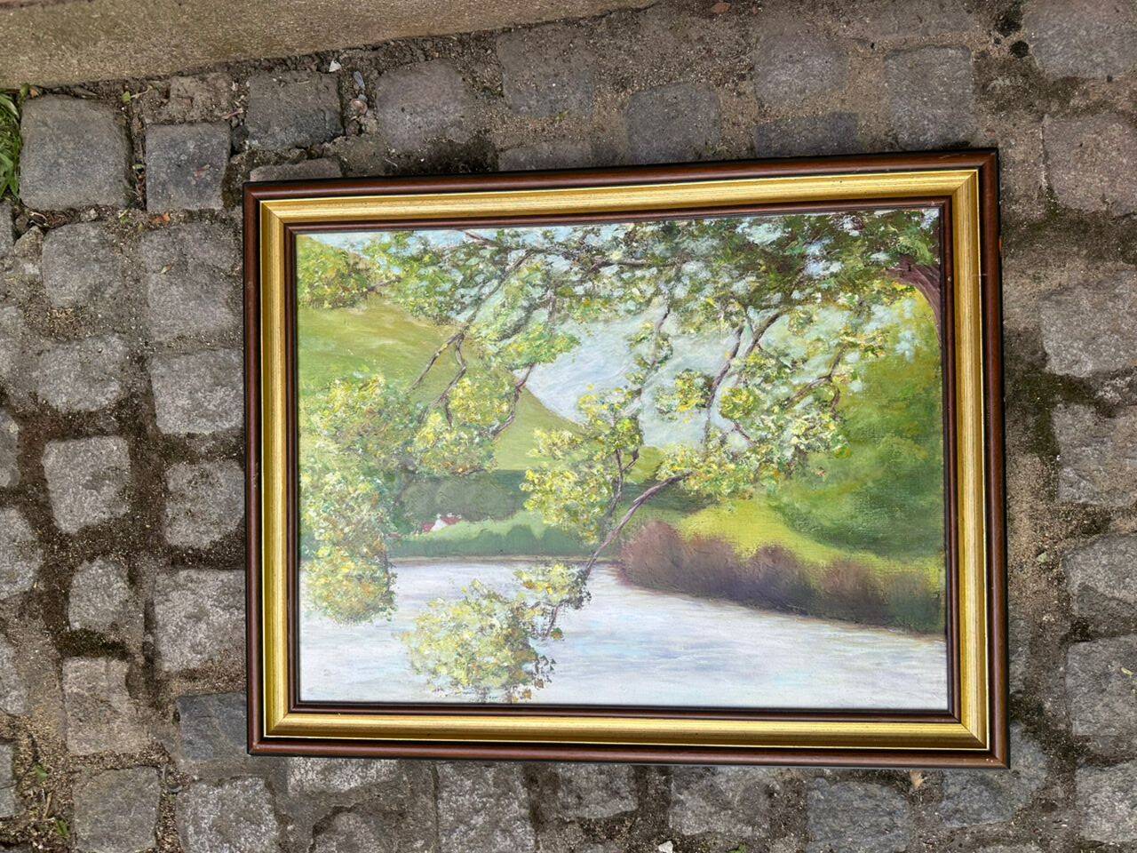 Oil painting on canvas, landscape of the Seine, 75x56cm.