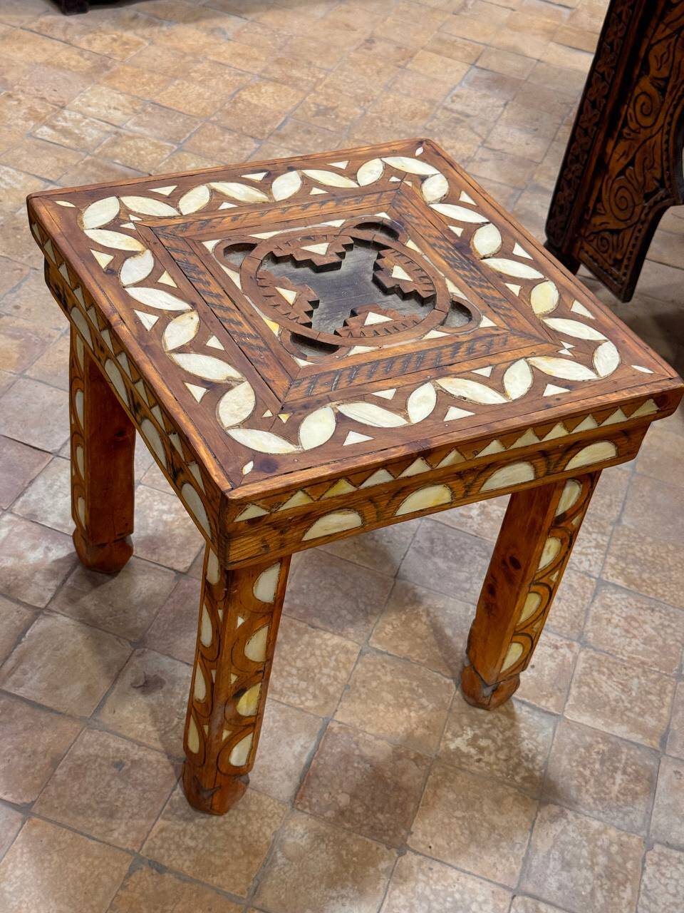 Moroccan camel bone marquetry wooden table for bedroom or living room