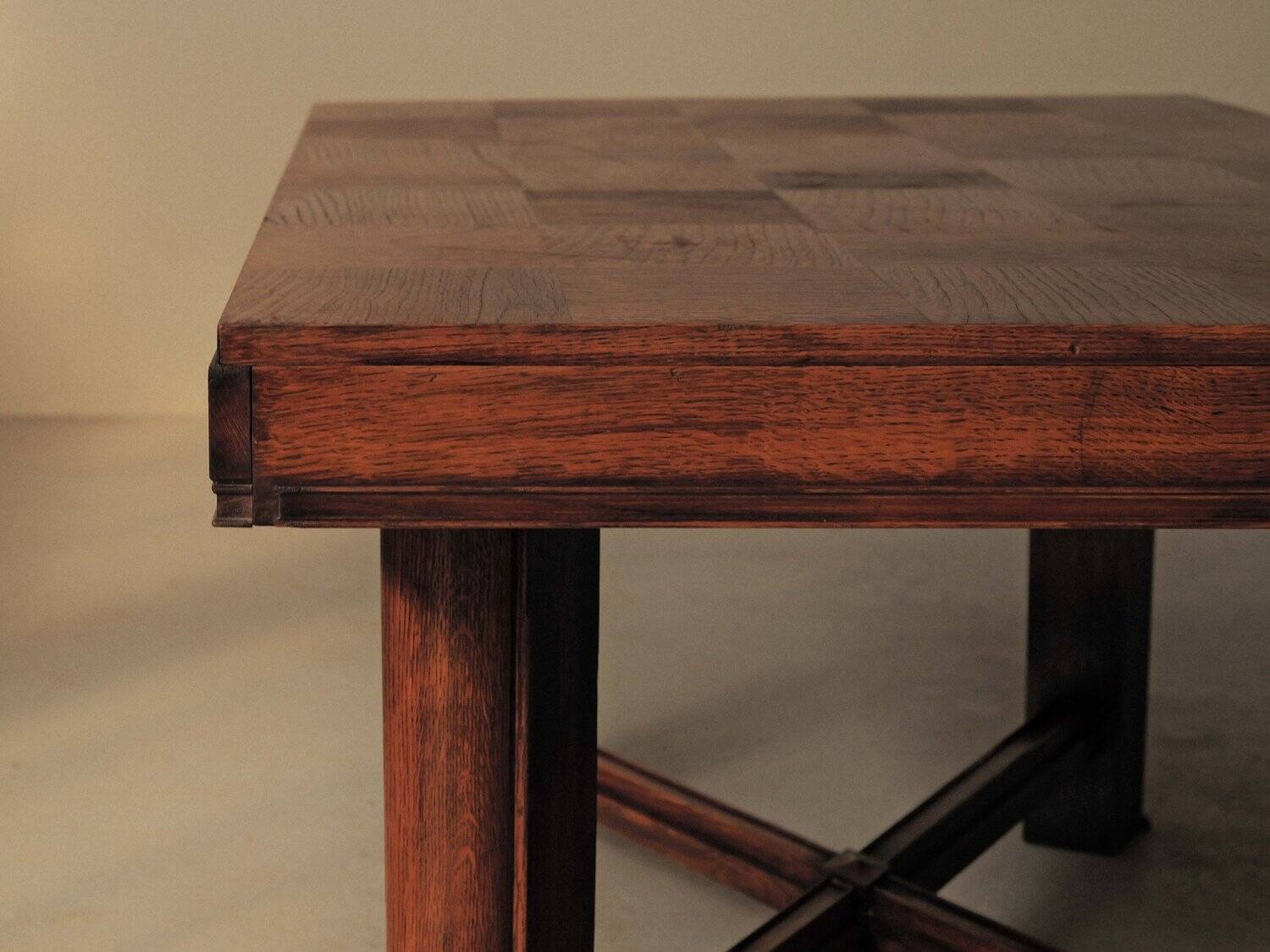 Modernist oak table with a checkerboard top, France, circa 1940.