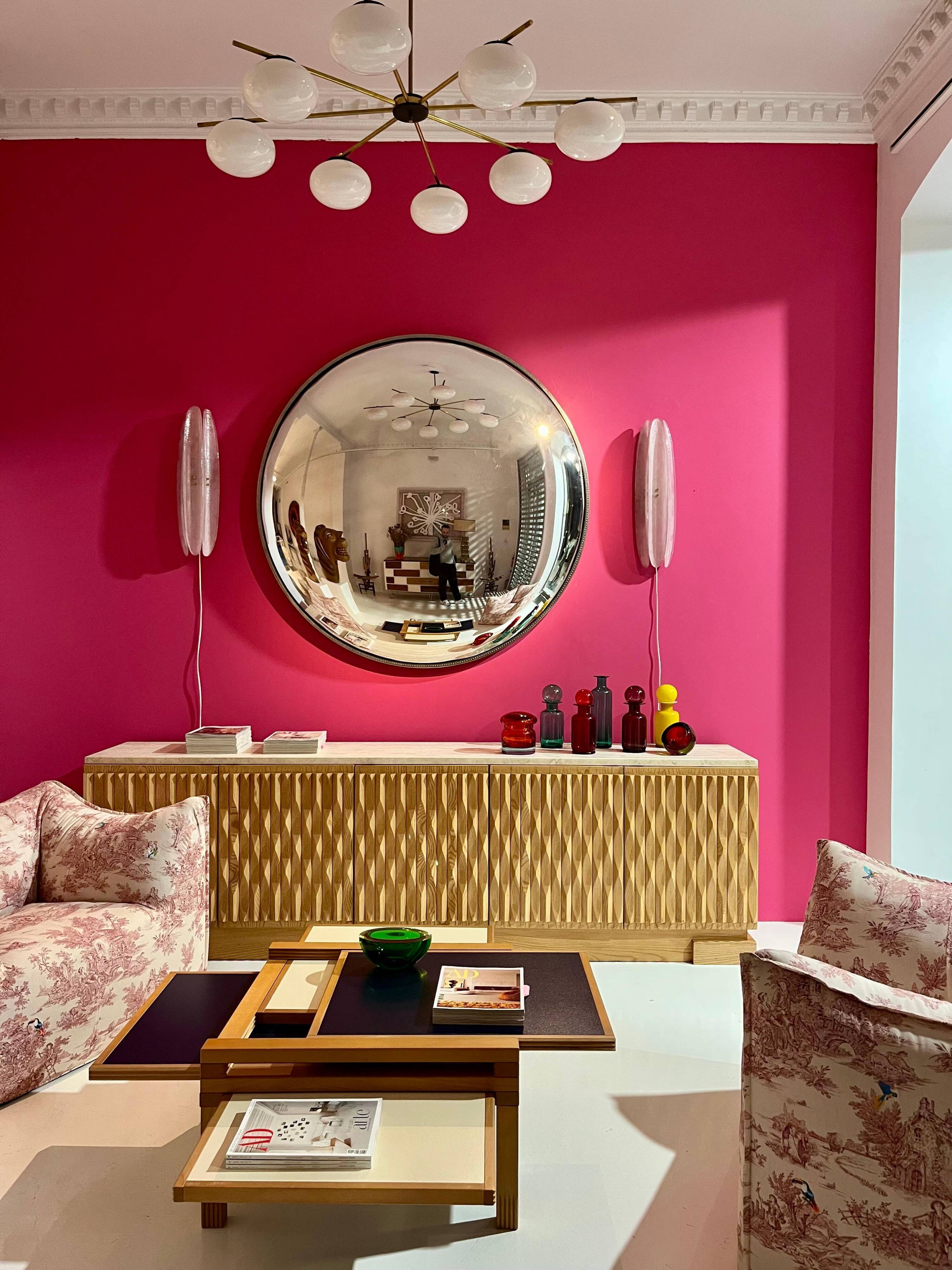 Mid Century Modern Style Large French Wall Mounted Round Convex Silver Mirror