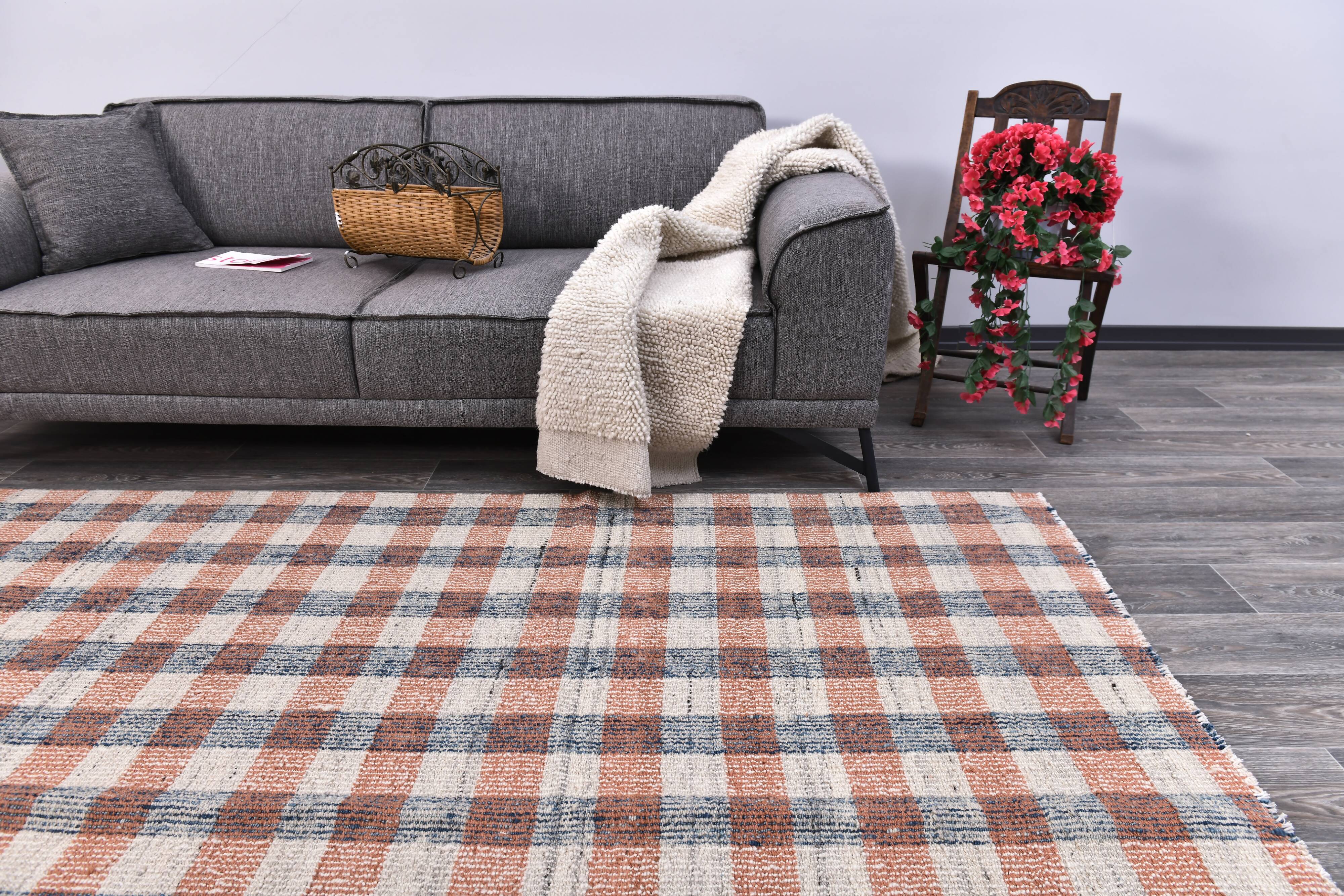 190x290 cm organic wool made kilim , orange blue wool kilim, kilim stripe
