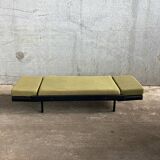Day Bed sofa in skai, mottled green fabric and black metal 1950