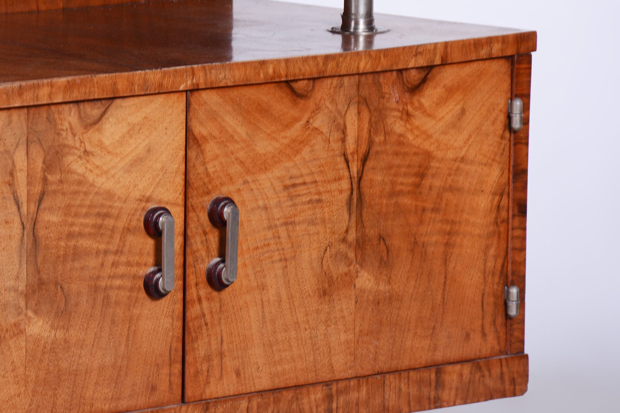 Restored walnut artdeco small cabinet, chrome-plated steel, czechia, 1930s
