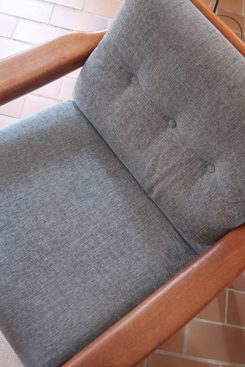 Scandinavian armchair teak Komfor blue-grey fabric 60's sled base