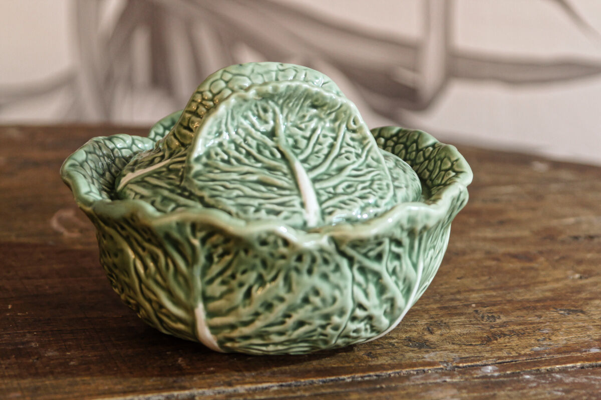 Covered pot in slip, collard greens