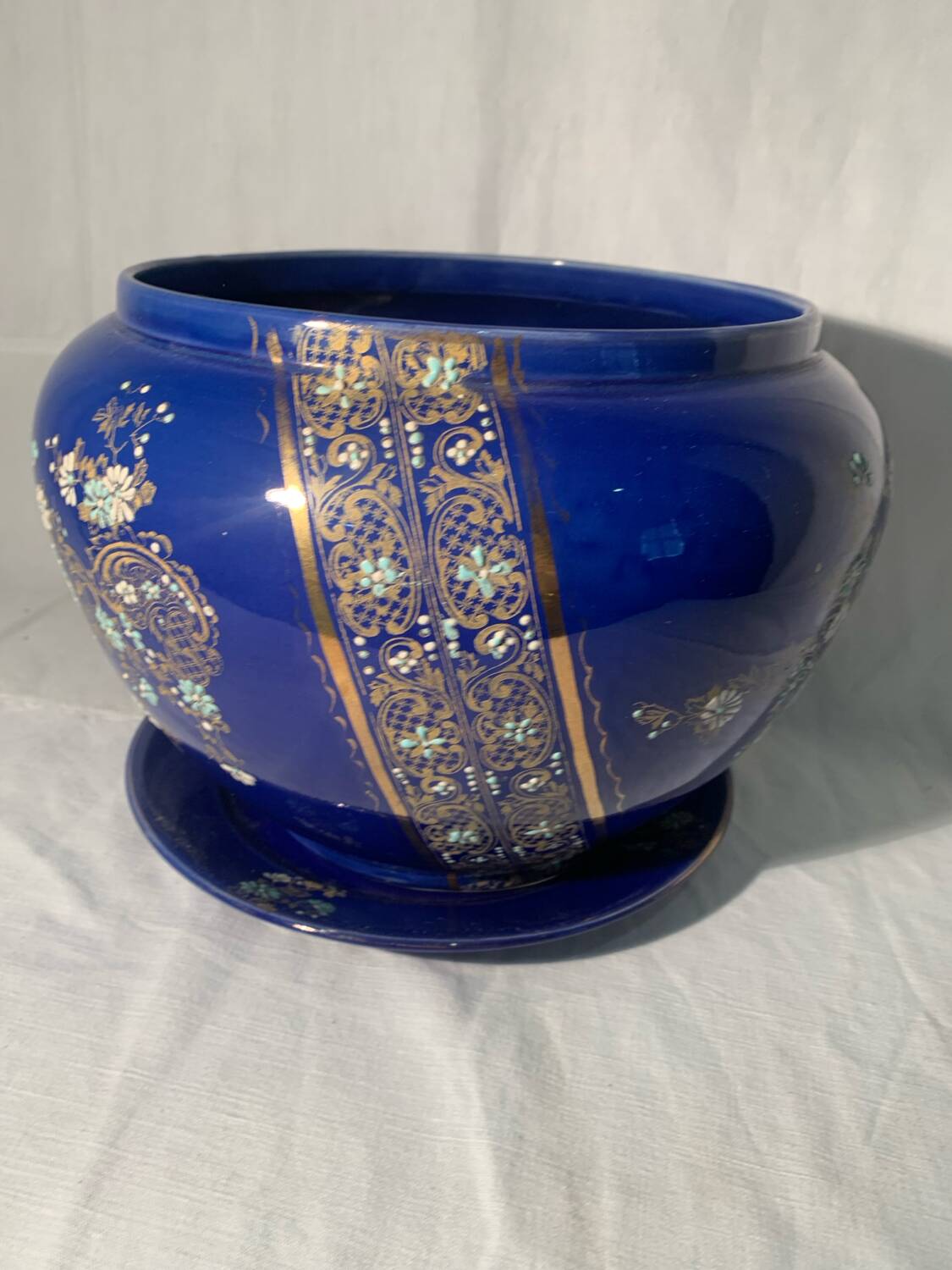Antique blue flowerpot, ceramic, Art Nouveau earthenware circa 1900