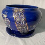 Antique blue flowerpot, ceramic, Art Nouveau earthenware circa 1900