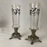 Paire de vases soliflore en verre emaille pied griffe en régule napoleon III