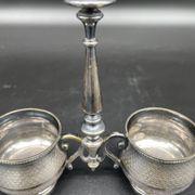 Double salt dish, silver metal, round base, socket, engraved decor, table decoration, chic, hallmark