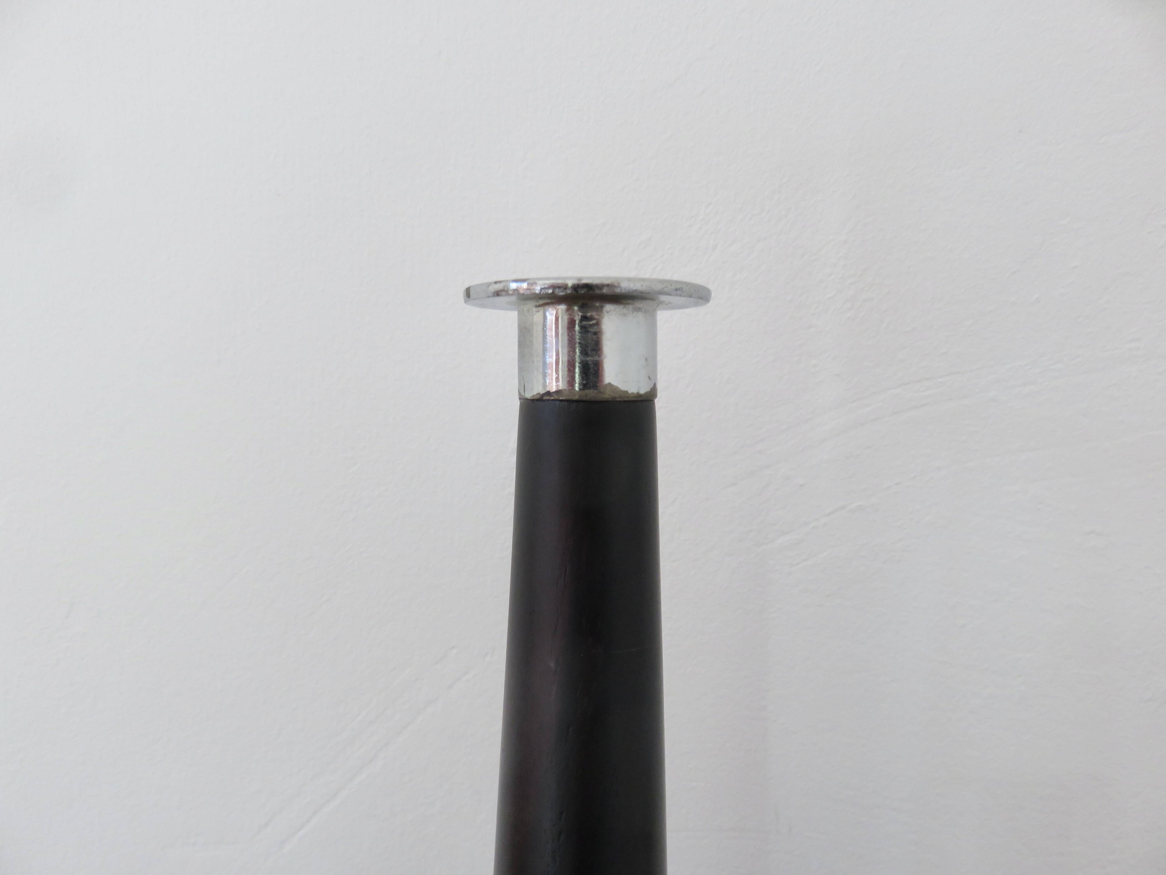 Pair of designer candlesticks, XXL, tapered, teak and chrome metal, 1980s