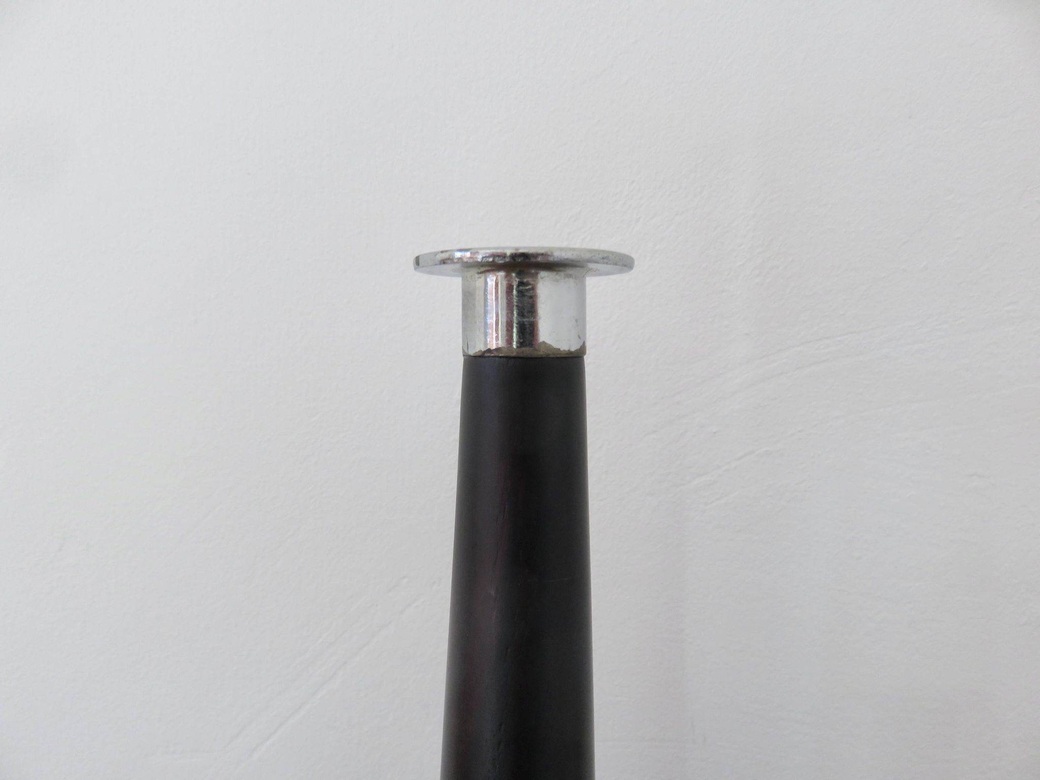 Pair of designer candlesticks, XXL, tapered, teak and chrome metal, 1980s