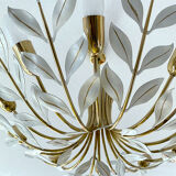 Large Pendant Lamp Vintage Pattern Bouquet Leaves, Brass, White Gold, 50s