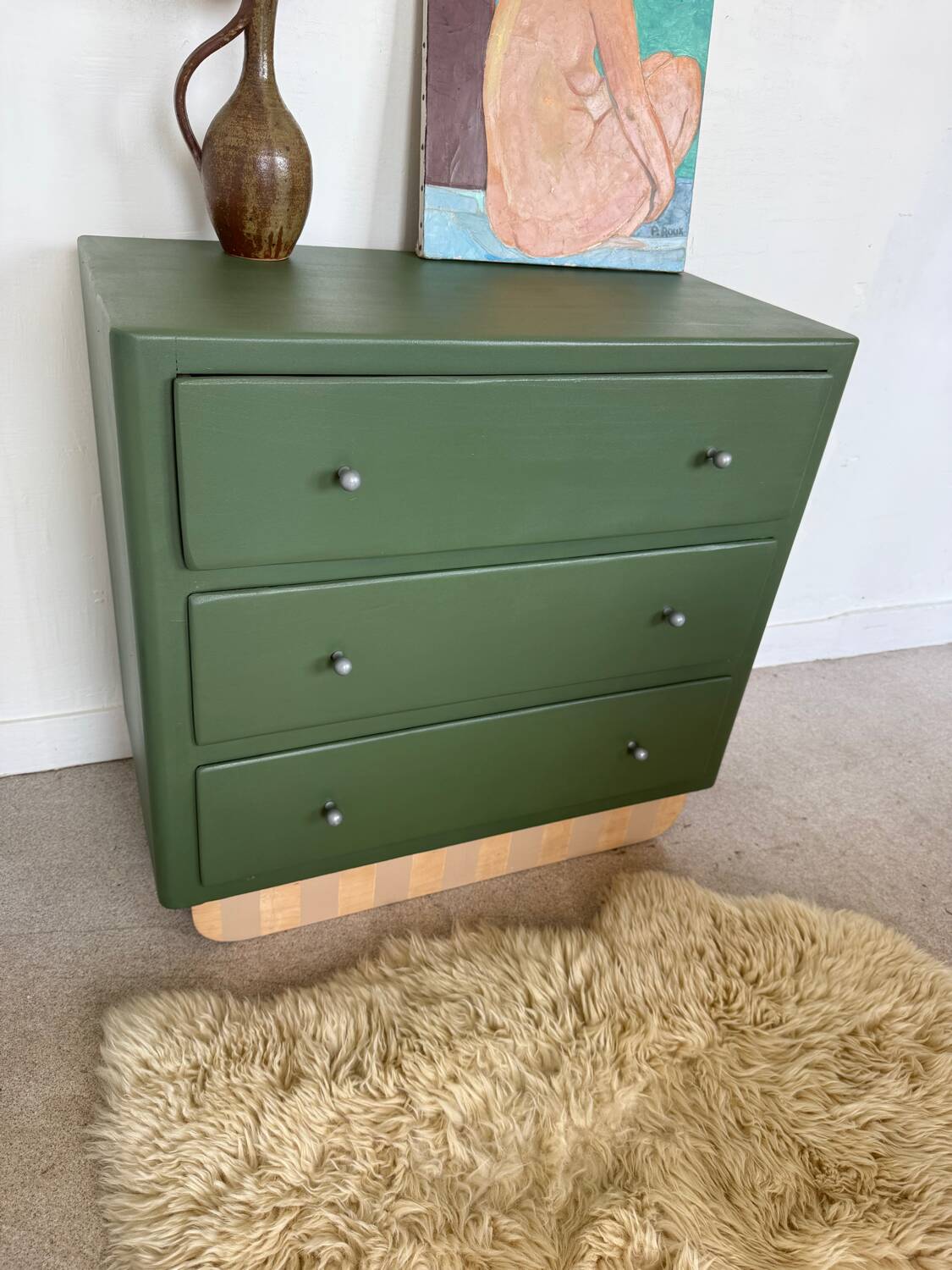 Vintage olive green chest of drawers with striped base