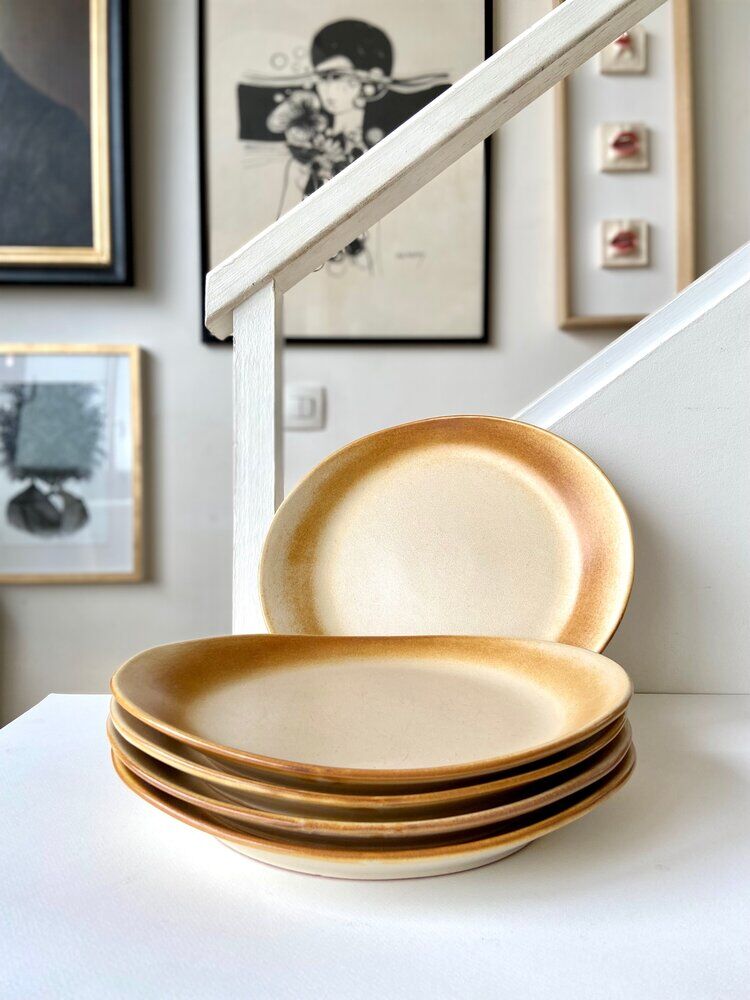 Set of 5 enamelled sandstone plates